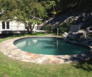 The free form pool was surrounded by stone which kept the yard's landscape looking natural.